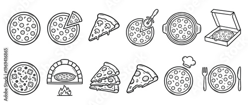 Collection of various hand-drawn pizza icons and elements, including whole pizzas, slices, and cooking tools, presented in a clean line art style