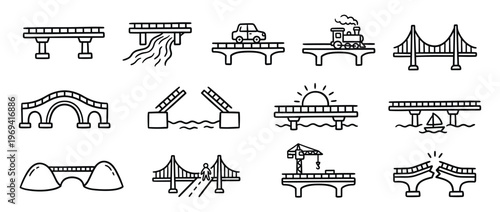 Collection of twelve simple black outline bridge icons depicting various types and scenarios, presented in a clean, illustrative style