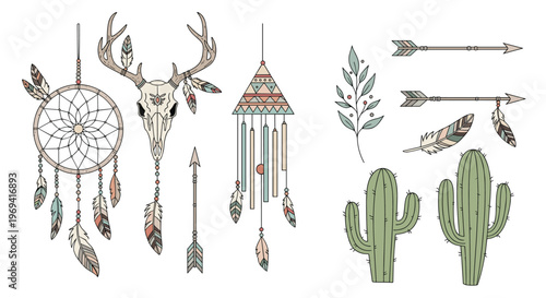 Artistic collection of bohemian style elements featuring a dreamcatcher deer skull cactus and tribal arrows in soft colors.