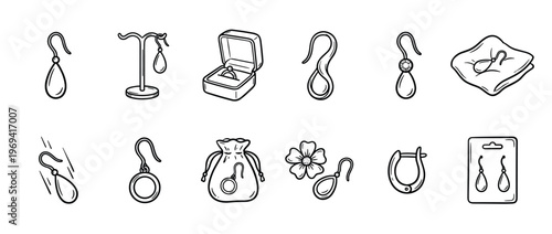 Collection of hand-drawn doodle icons depicting various earrings, jewelry, and related accessories in a clean, outlined style