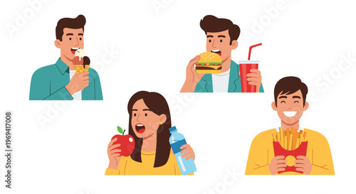 Four diverse people enjoying various food and drink items including a burger ice cream french fries an apple and water.