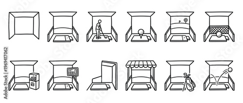 Collection of golf simulator icons in a simple black and white line art style, depicting various elements of the game