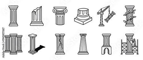 Collection of twelve diverse architectural column icons in a clean, black and white line art style, depicting various forms and states