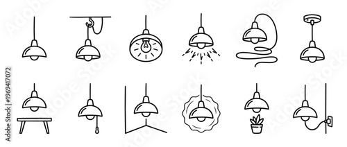 Collection of various hand-drawn linear pendant lamps and ceiling lights, showcasing different styles and hanging configurations
