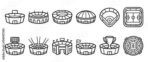 Collection of various outline stadium icons with different designs and perspectives, presented in a clean, graphic style