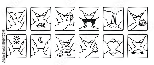 Collection of twelve simple black and white line art illustrations depicting various natural landscapes and elements