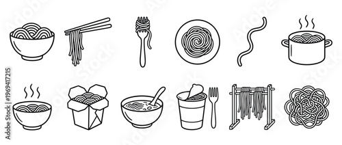 Collection of various noodle and pasta dishes and related items depicted in simple black outline icons