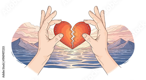 Hands holding broken heart over landscape background illustration