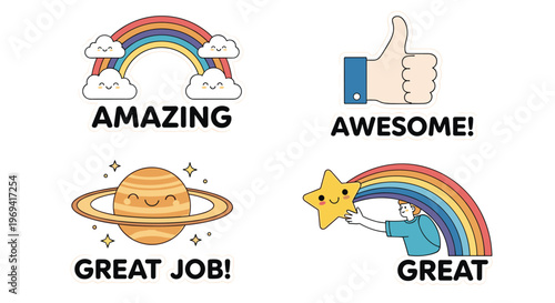 Set of cute and colorful motivational stickers for students featuring rainbows planets and encouraging words like great job.