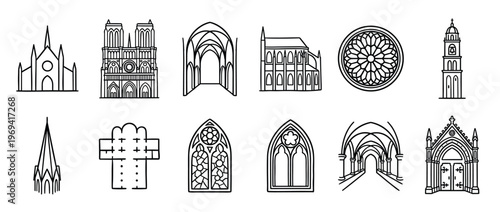 Collection of black outline gothic architecture elements including cathedrals, arches, windows, and spires in a clean, illustrative style