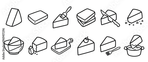 Collection of various cheese icons in a simple black outline style, depicting different shapes and serving methods