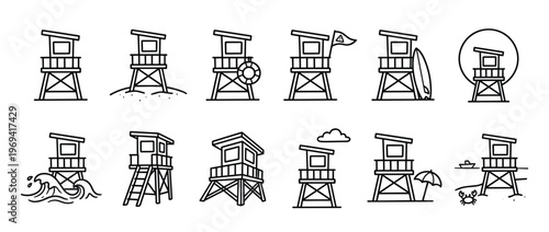 Collection of twelve simple black outline lifeguard tower icons depicting various beach and ocean scenarios