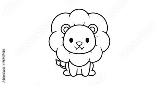 Simple and adorable line art drawing of a baby lion with a big mane sitting peacefully on a clean white background for kids.