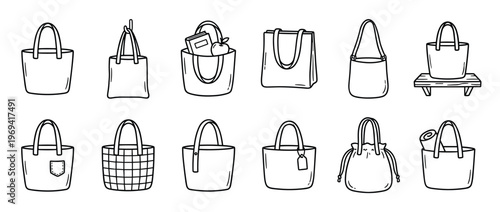 Collection of various hand-drawn tote bags and shopping bags in a simple black and white outline style