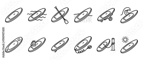 Collection of black outline icons representing various paddleboard activities and accessories, depicted with clean lines