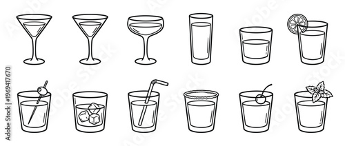 Various black outline cocktail glasses and drinkware with different beverages and garnishes, presented in a clean, graphic style