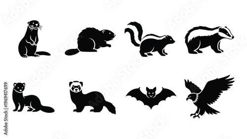 A collection of various animal silhouettes including ferrets badgers a bat and a bird of prey silhouette high quality professional detailed