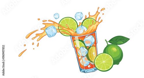 Refreshing citrus drink with lime slices and ice cubes splashing out of a glass on a white background for summer themes.