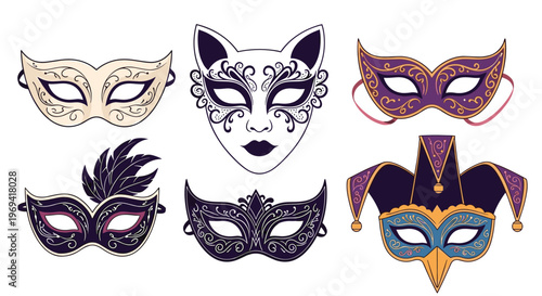 Exquisite collection of ornate Venetian carnival masks with intricate patterns and feathers for a masquerade ball or festival.