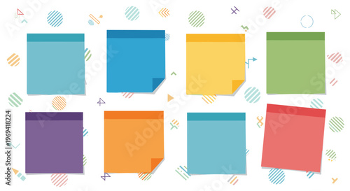 Set of colorful blank sticky notes with turned corners arranged on a white background with abstract geometric patterns.