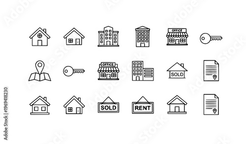 Real estate line icons set property house apartment office building vector eps10