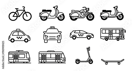 Collection of diverse transportation vehicles and modes icons.