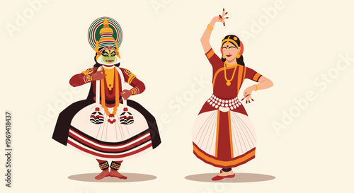 Pair of Indian dancers performing traditional classical dances including the colorful Kathakali and the graceful Bharatanatyam.