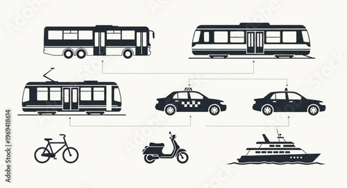 Collection of diverse transportation vehicles and modes.