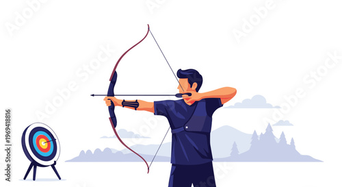 Focused male archer aiming a bow and arrow at a circular target against a scenic mountain landscape background in daylight.