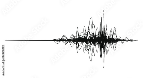 Chaotic sound wave visualization with intense peaks and valleys on white background