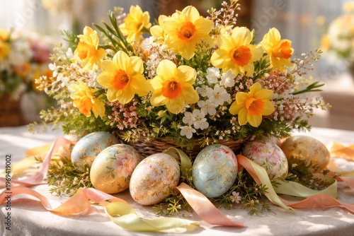 Spring celebration floral centerpiece with vibrant daffodils and decorated eggs featuring elegant ribbons