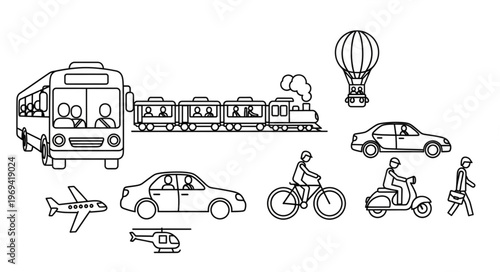 Collection of diverse transportation vehicles and modes of travel.