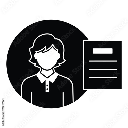 Simple line icon of a person with a document on a dark circle background icon