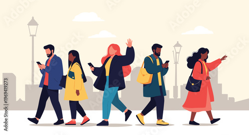 Diverse group of people in colorful autumn clothes walking on a city street while focusing on their smartphone screens.