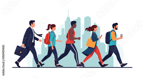 Silhouettes of diverse people from different professions walking together in a city street with urban skyscrapers in the back.