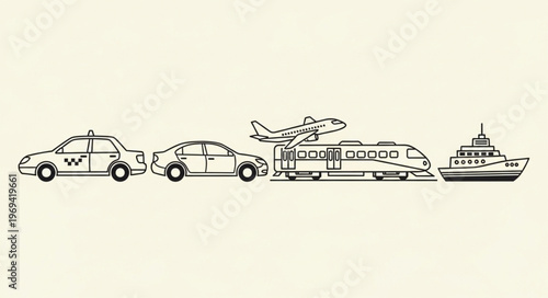 Collection of diverse transportation vehicles including cars, train, airplane, and ship.