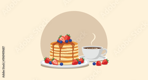Delicious stack of pancakes topped with fresh strawberries and blueberries served with a cup of hot coffee or tea.