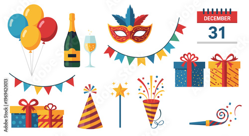 Collection of festive party elements including balloons, champagne, gifts, and a calendar for new year celebration.