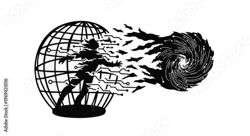 Person breaking free from digital constraints into a swirling unknown.