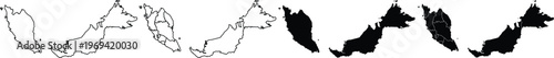 Set of malaysia map silhouettes and outlines showing peninsula and east malaysia regions