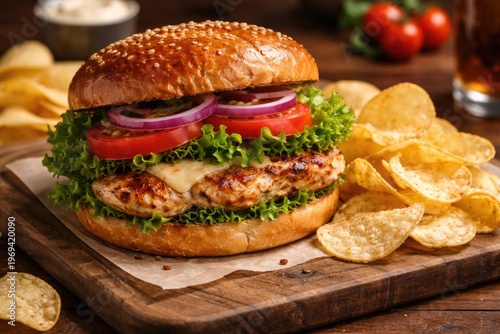 Grilled Chicken Sandwich with Fresh Vegetables and Crispy Chips on Wooden Board