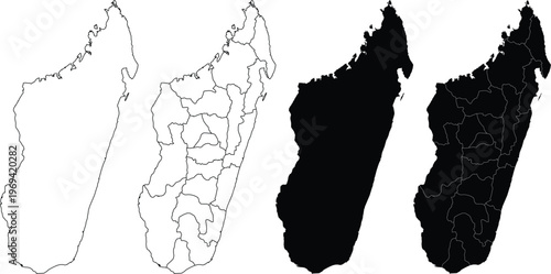 Four variations of madagascar map outlines with regional borders in black and white