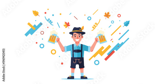 Man in traditional Bavarian clothing celebrating Oktoberfest while holding two large mugs of beer with festive elements.