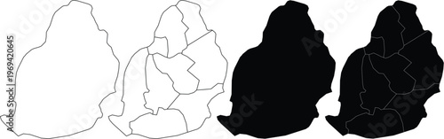 Set of four mauritius island map outlines showing district borders in black and white line
