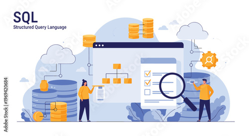 Data management concept with people working on sql database architecture and organizing information for business.