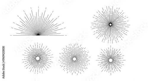 Collection of various hand drawn sunburst and radial line elements for vintage logo and decorative frame design.