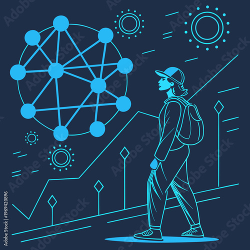 Person walking towards network connections