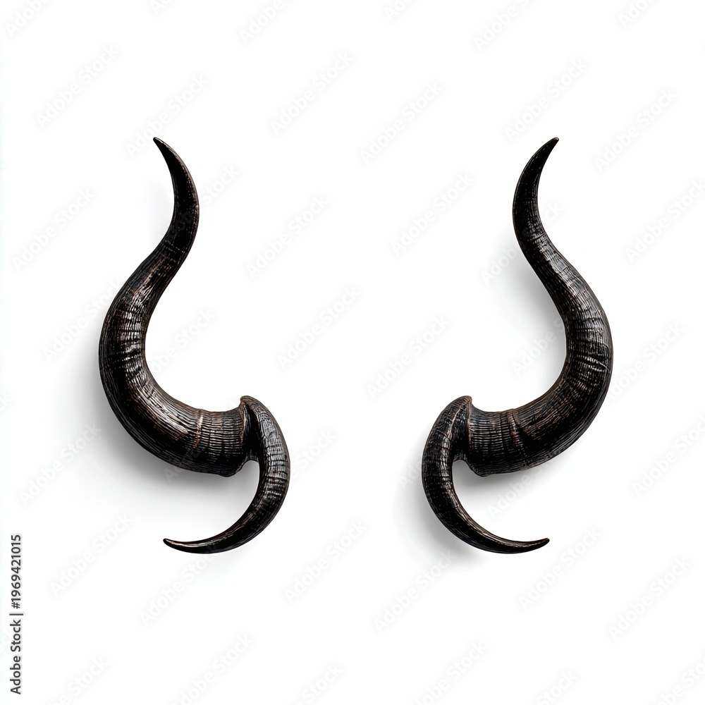 Fototapeta premium Two curved, dark, textured horns, possibly demonic or fantastical, isolated on white