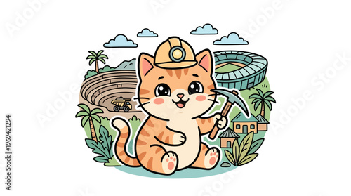 Cute Cartoon Cat Miner with Mining Site Backdrop