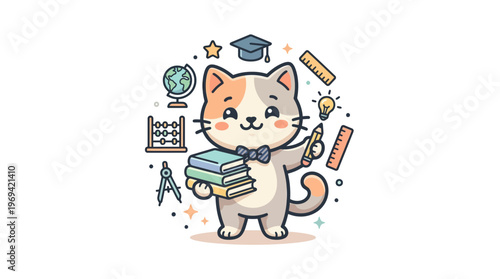 Cute Cartoon Cat Teacher with School Supplies